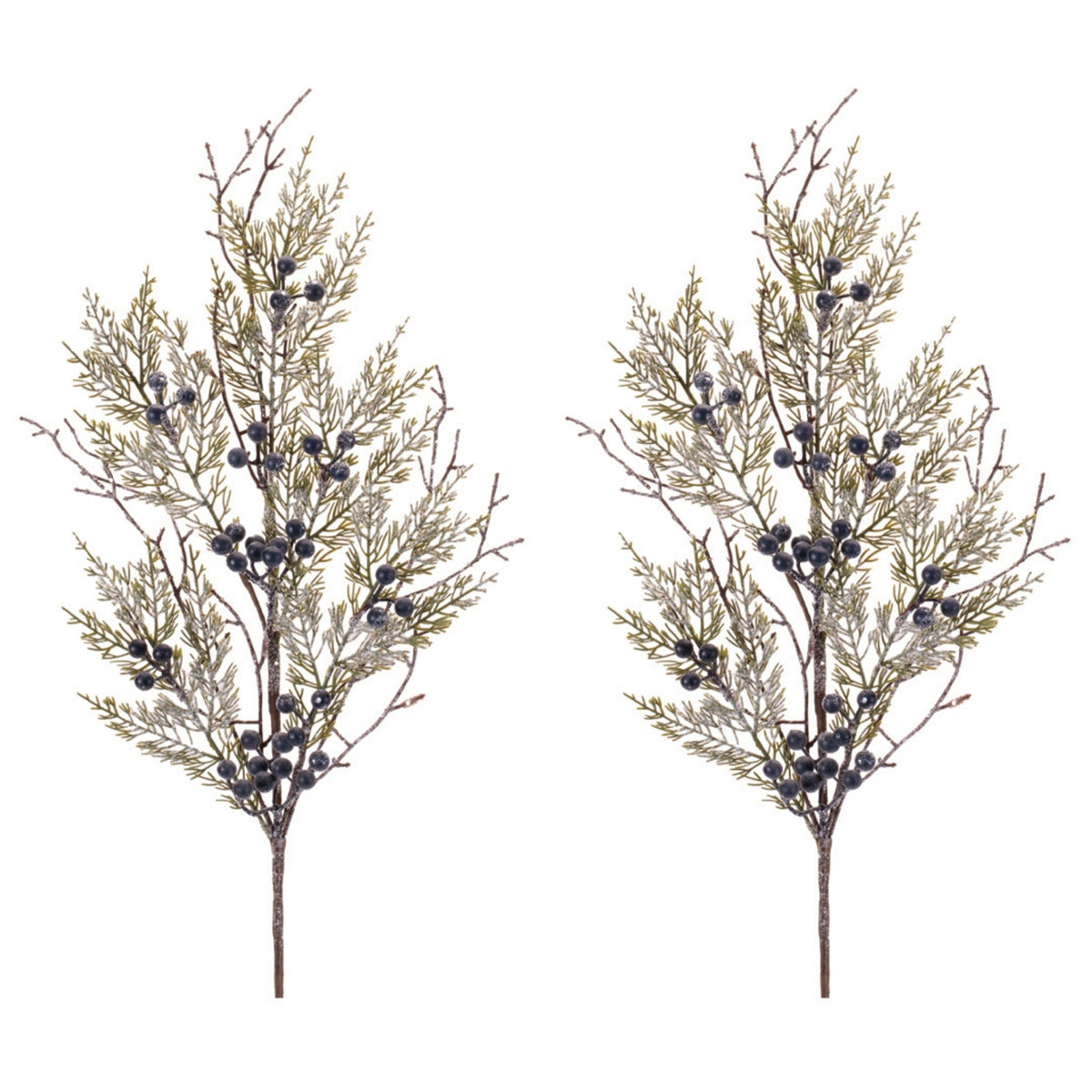 Snowy Juniper Sprays, set of 2 shown together, artificial Christmas stems for vases, trees and wreaths