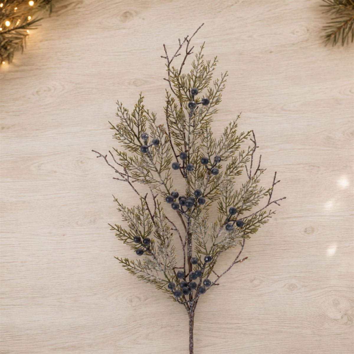 Snowy Juniper Sprays styled in holiday decor, faux Christmas spray arrangement idea