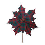 Set of 2 red and green plaid fabric poinsettia stems with jingle bell centers for farmhouse Christmas decor