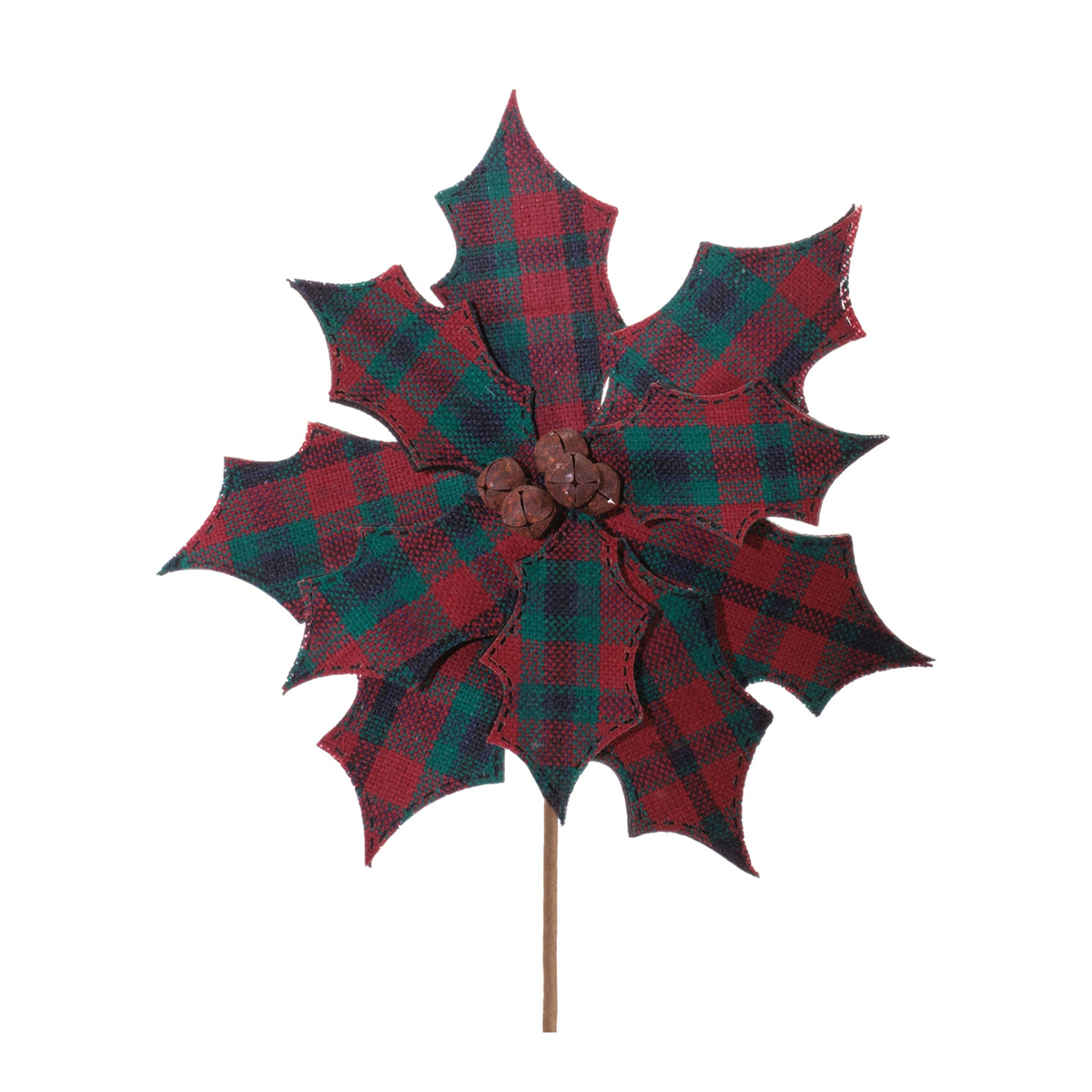 Set of 2 red and green plaid fabric poinsettia stems with jingle bell centers for farmhouse Christmas decor