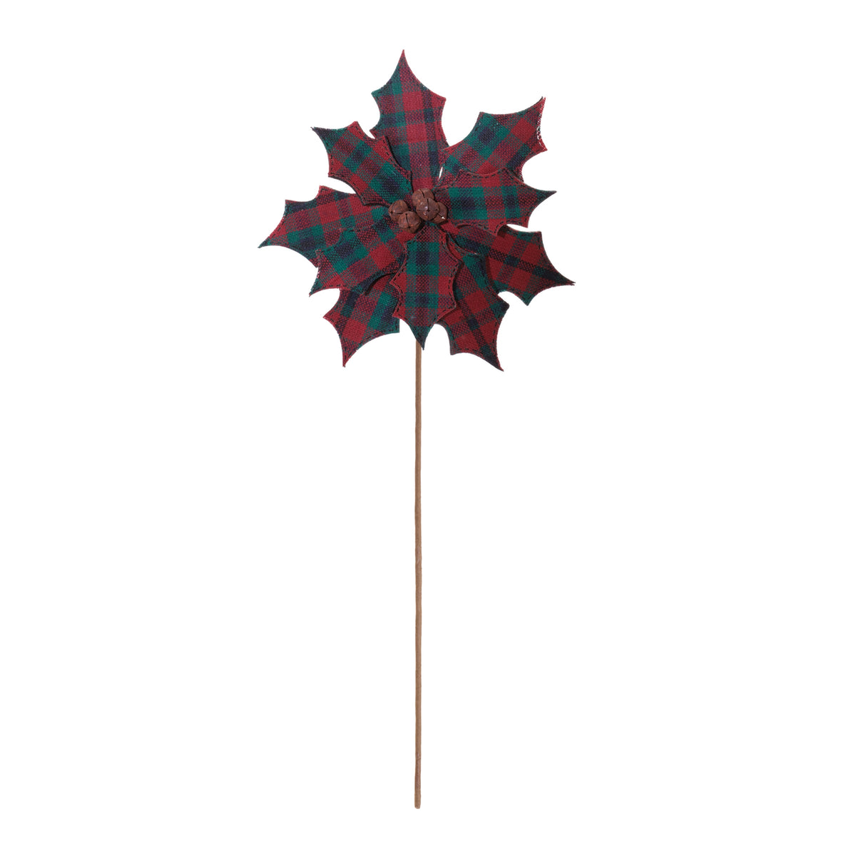 Plaid Poinsettia Stems, single stem full length view showing stem and spray height