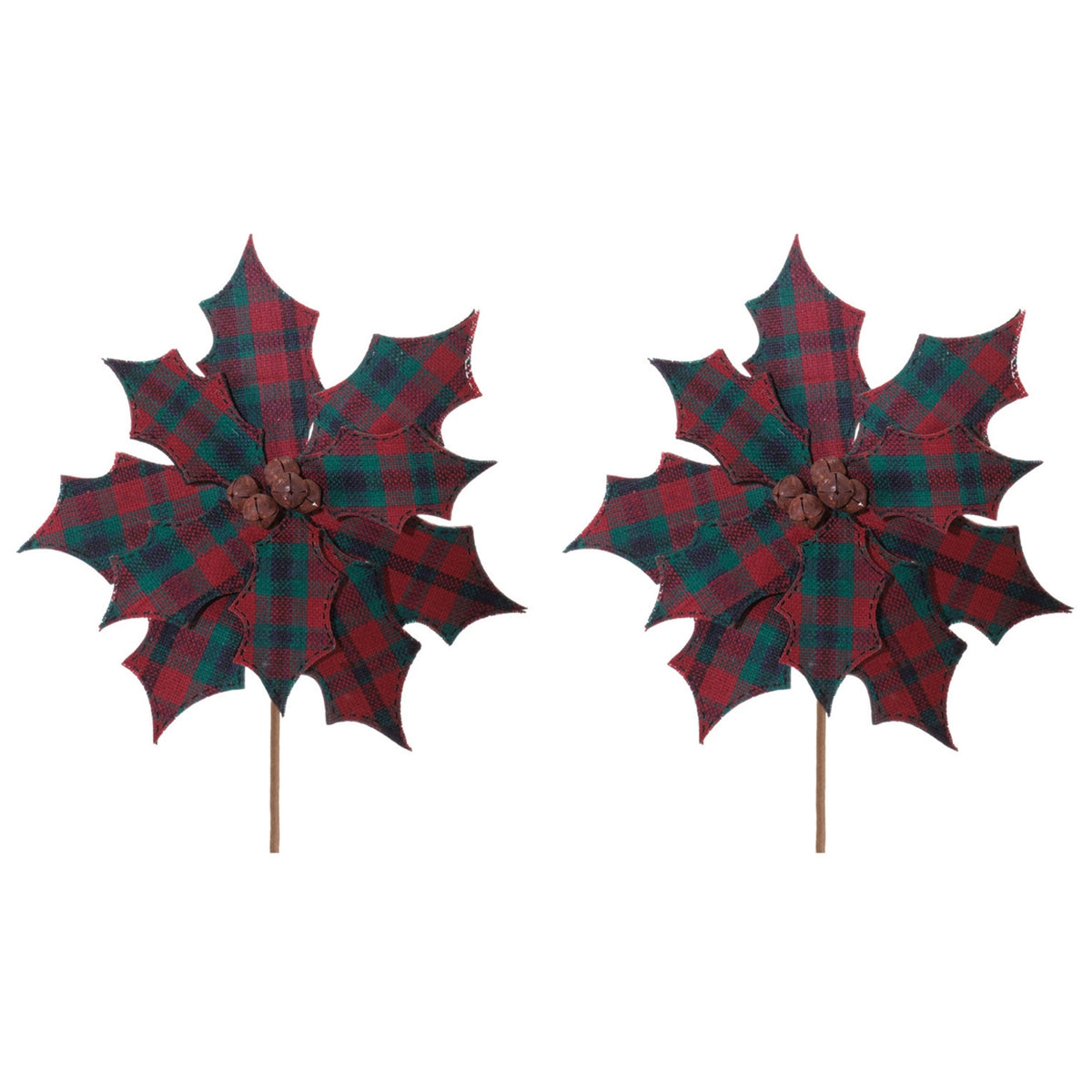 Plaid Poinsettia Stems, set of 2 shown together, artificial Christmas stems for vases, trees and wreaths