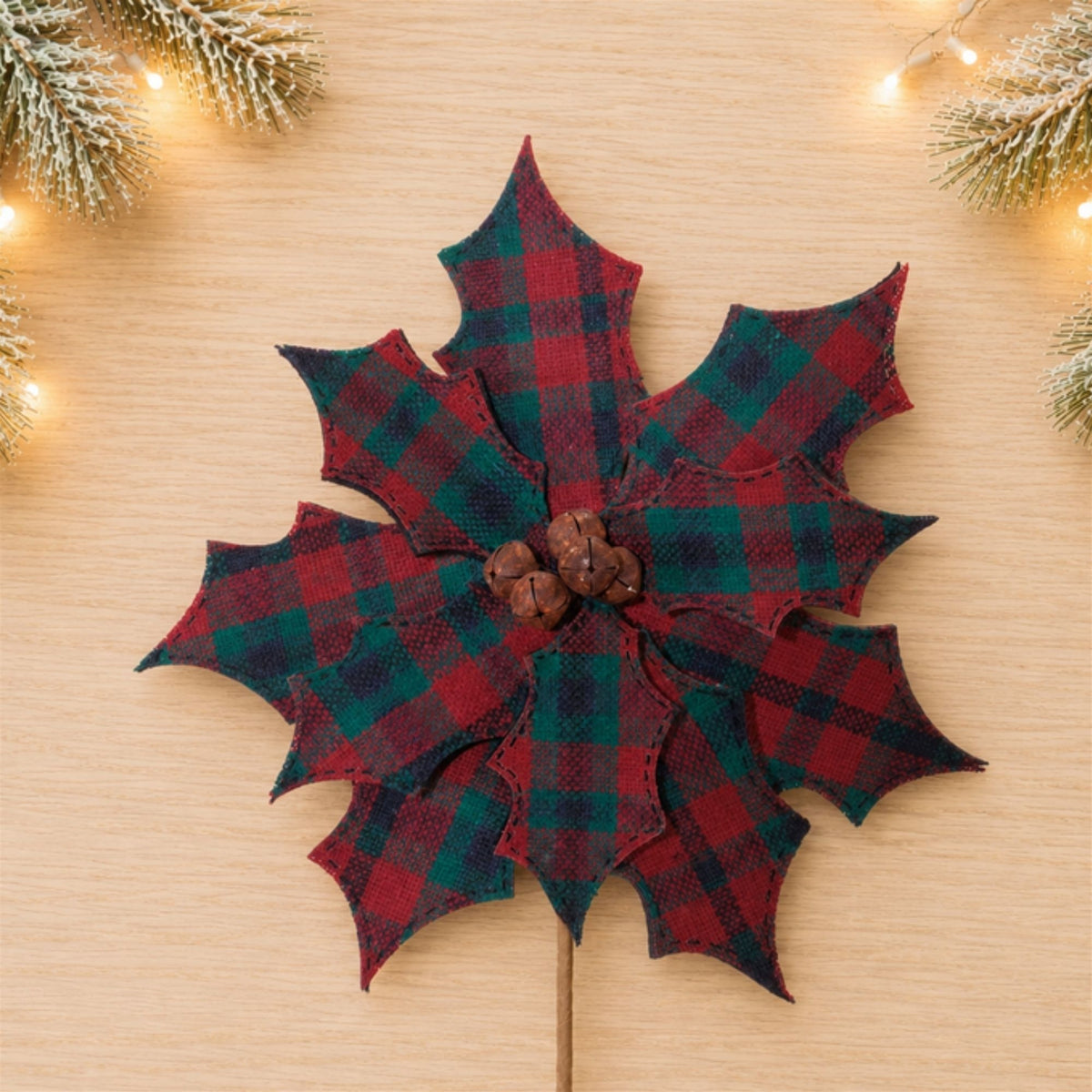 Plaid Poinsettia Stems styled in holiday decor, faux Christmas spray arrangement idea