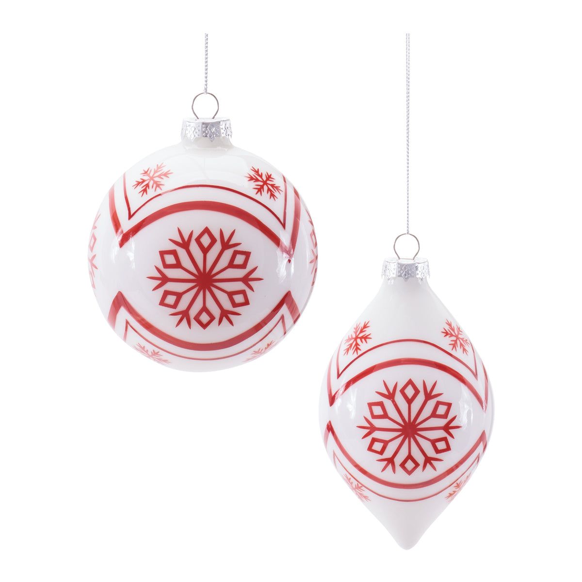 White Glass Nordic Snowflake Christmas Ornaments, close-up of the design and finish, Christmas tree ornaments