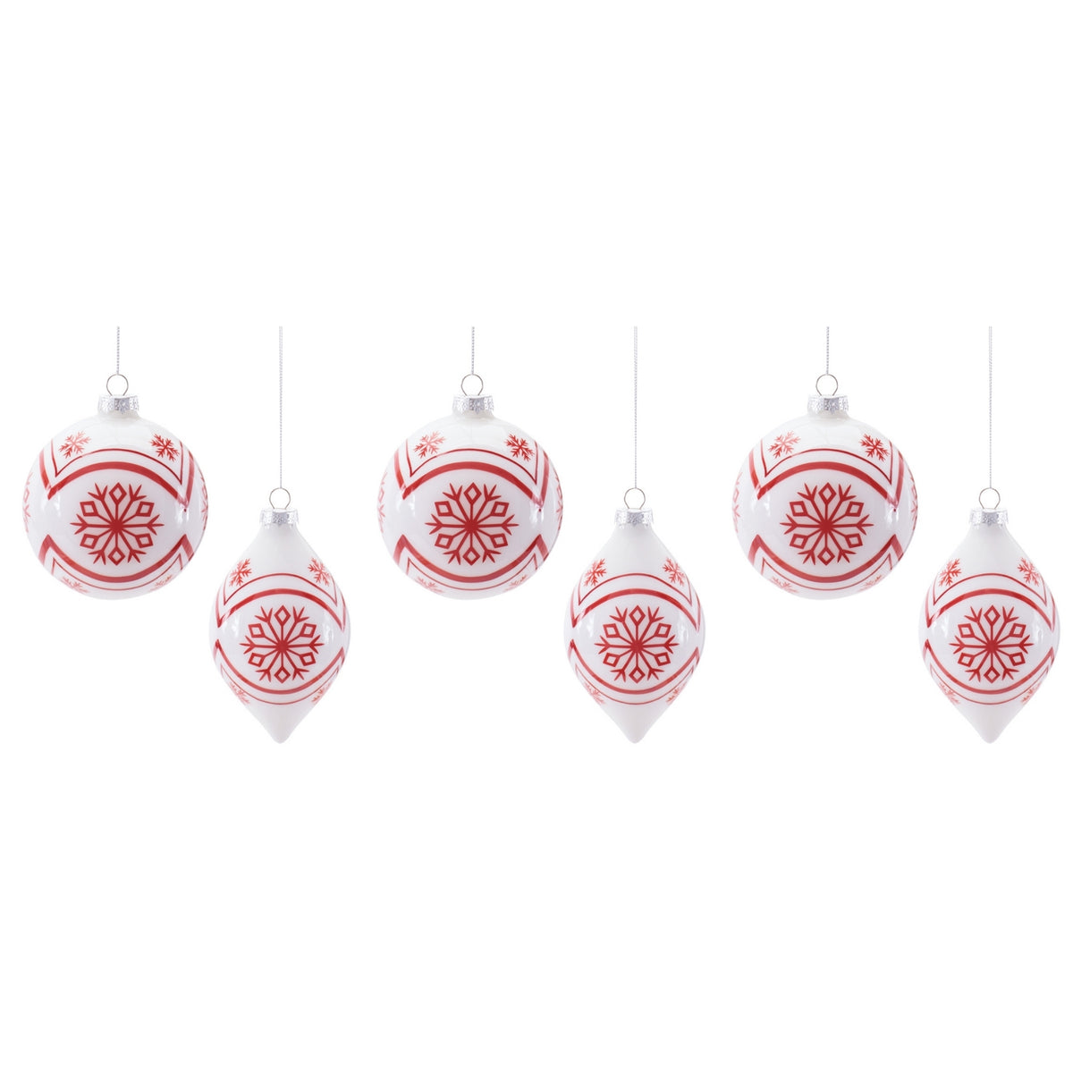 white glass nordic snowflake christmas ornaments set of 6 red pattern ball and finial shapes, full set shown together