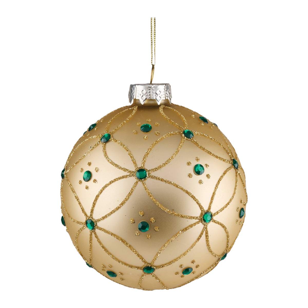 Set of 4 gold and green glass ball Christmas ornaments with hanging loops