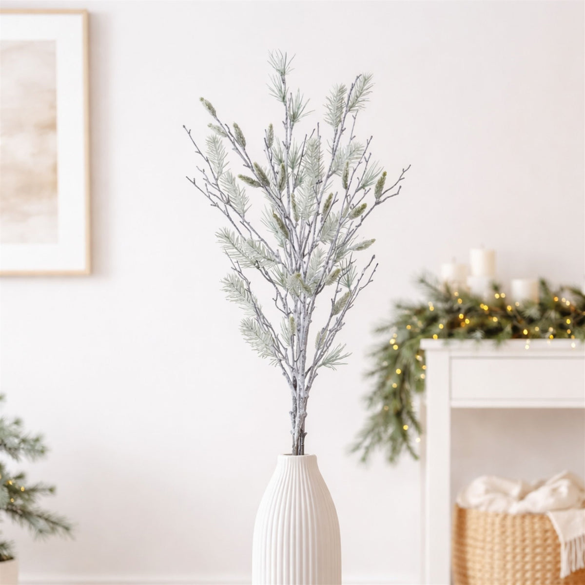 Snowy Oversized Pine Bundle styled in holiday decor, faux Christmas spray arrangement idea