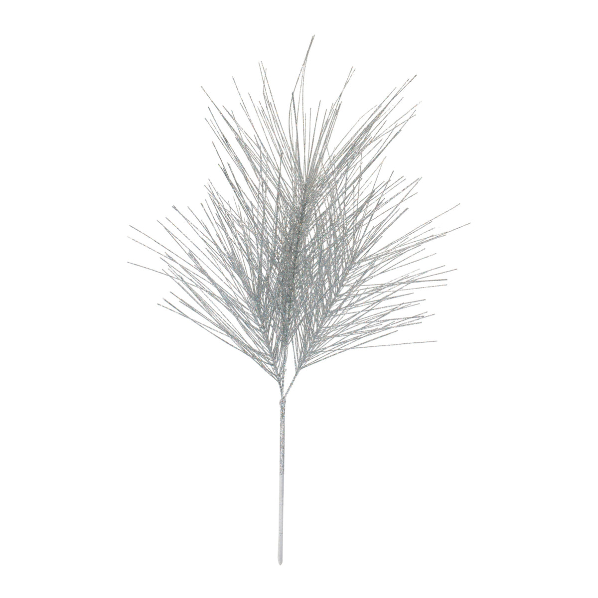 Silver Glittered Pine Sprays, single stem full length view showing stem and spray height