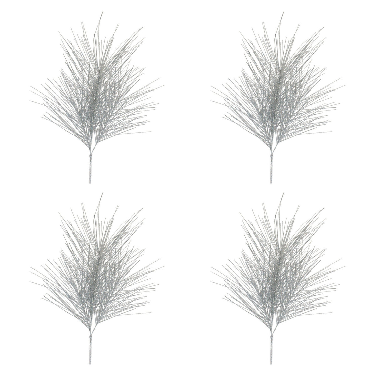 Silver Glittered Pine Sprays, set of 4 shown together, artificial Christmas stems for vases, trees and wreaths