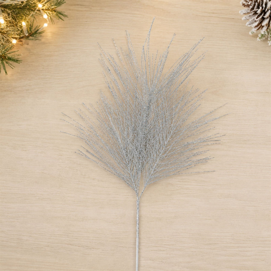 Silver Glittered Pine Sprays styled in holiday decor, faux Christmas spray arrangement idea