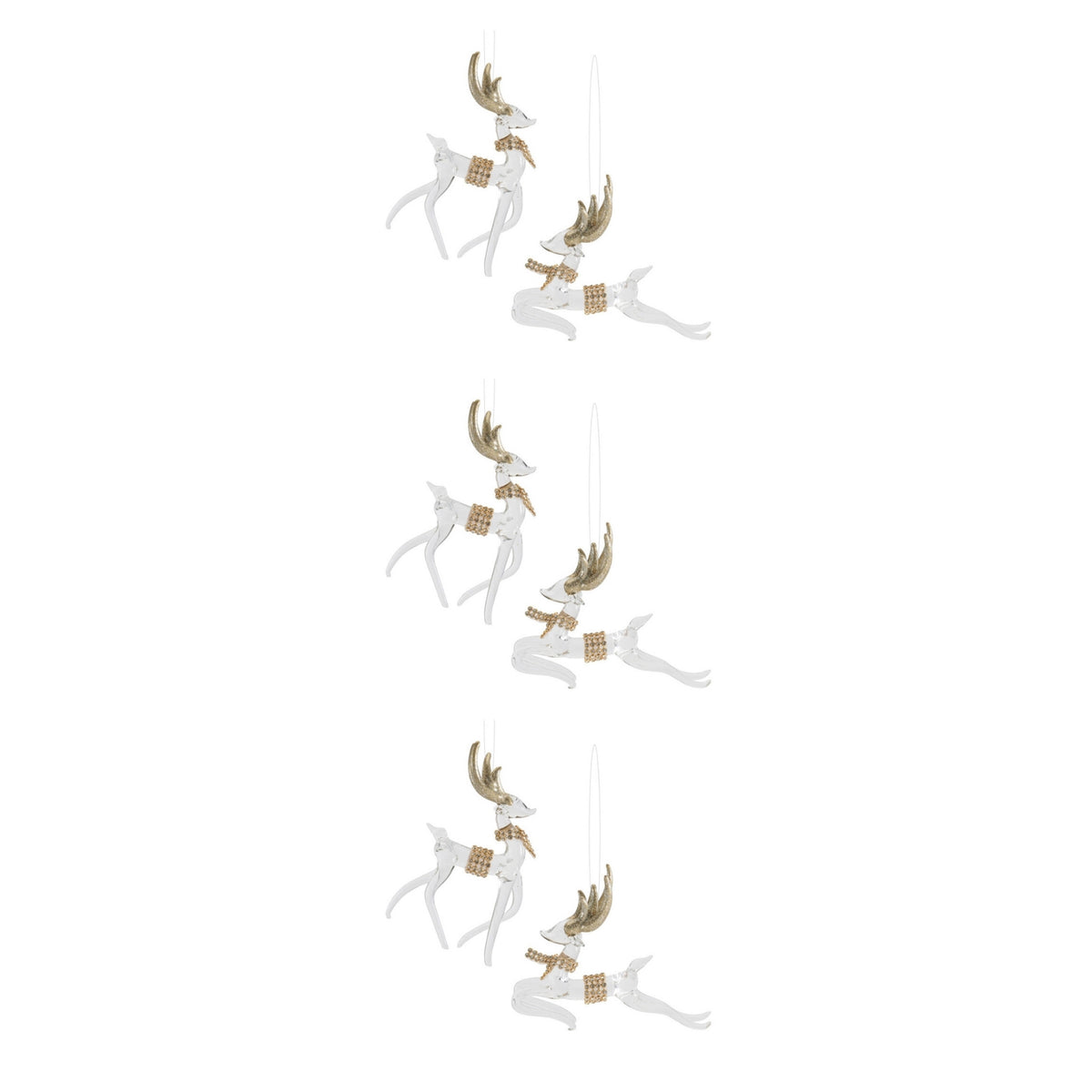 glass deer christmas ornaments set of 6 clear with gold antlers and beaded collar two poses, full set shown together