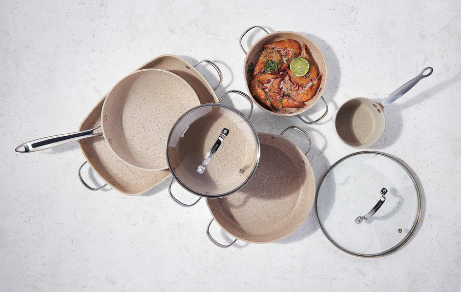 Korkmaz Granita 8 Liter Aluminum Nonstick Casserole with Lid in Tan