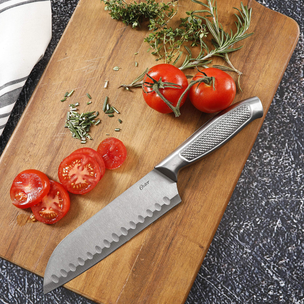 Oster Edgefield 14-Piece Stainless Steel Cutlery Set with Black Block – Chef, Santoku, Steak Knives & Shears