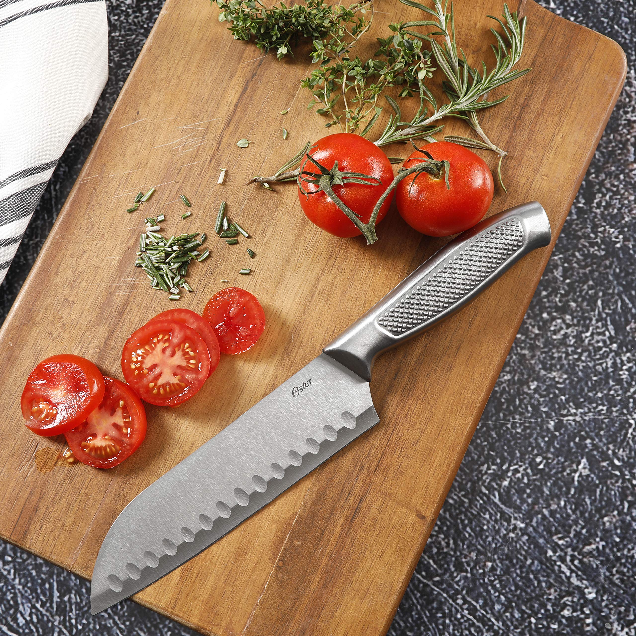 Oster Edgefield 14-Piece Stainless Steel Cutlery Set with Black Block – Chef, Santoku, Steak Knives & Shears