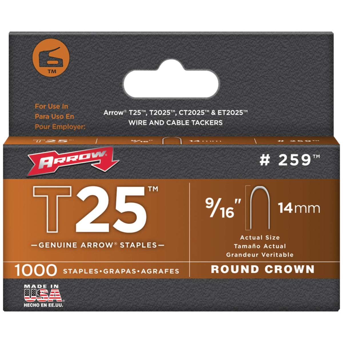 Arrow 259 box of 1,000 T25 round crown 9/16 in steel wire staples for low-voltage cable