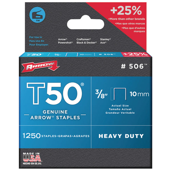 Arrow 50624 pack of 1,250 T50 heavy duty 3/8 in flat crown steel staples