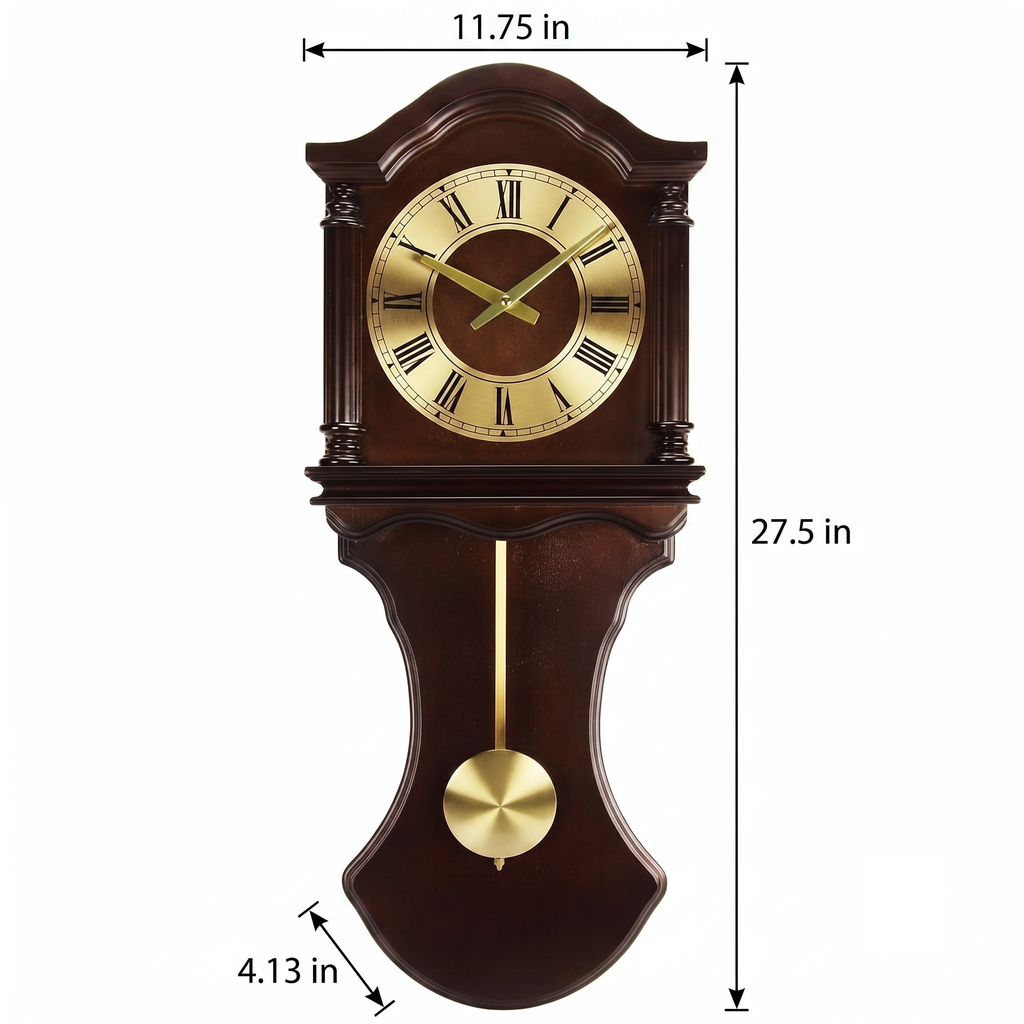 Bedford Clock Collection Wall Clock with Pendulum & Chimes – Chocolate Wood, 4-Tone Westminster Chime, Quartz Movement