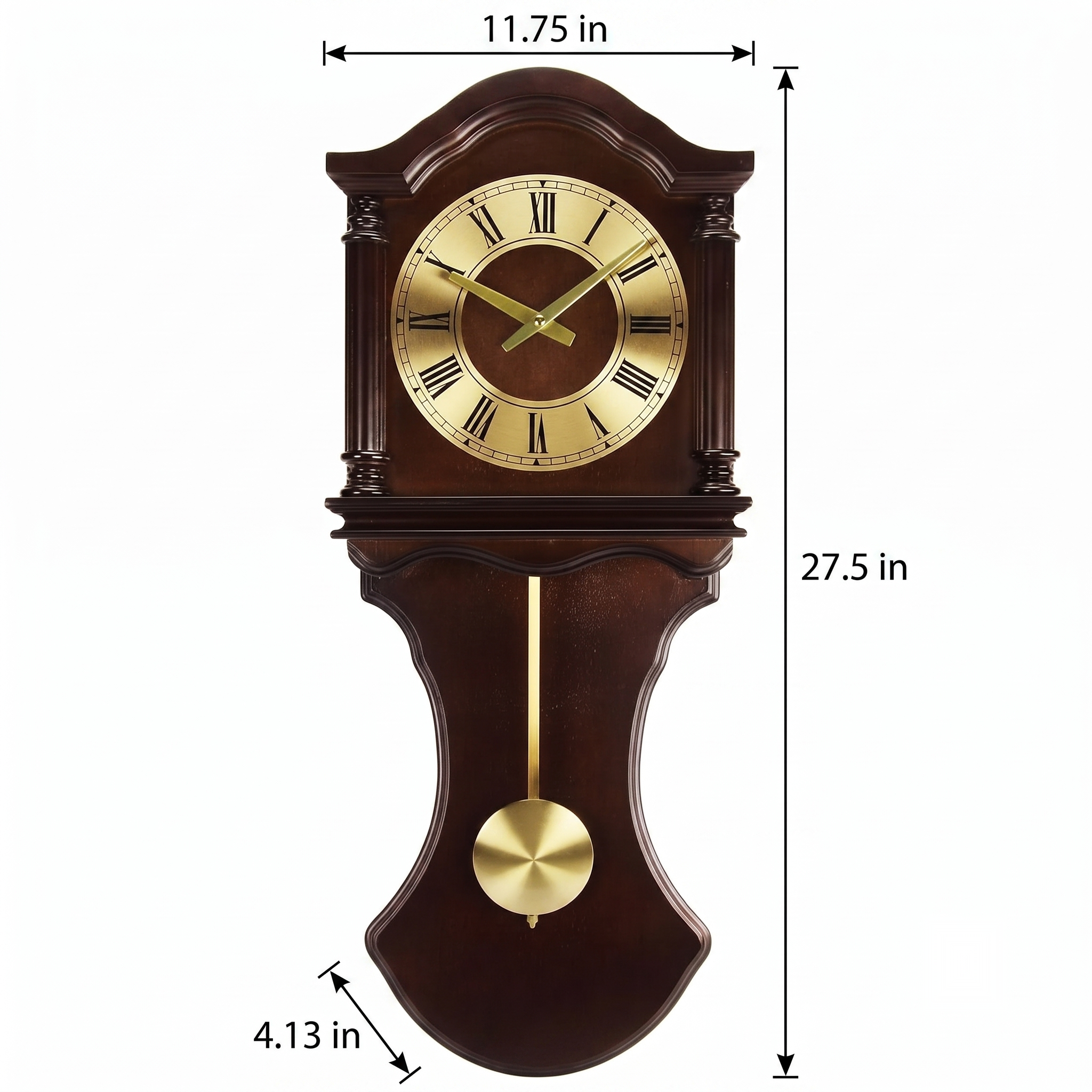 Bedford Clock Collection Wall Clock with Pendulum & Chimes – Chocolate Wood, 4-Tone Westminster Chime, Quartz Movement