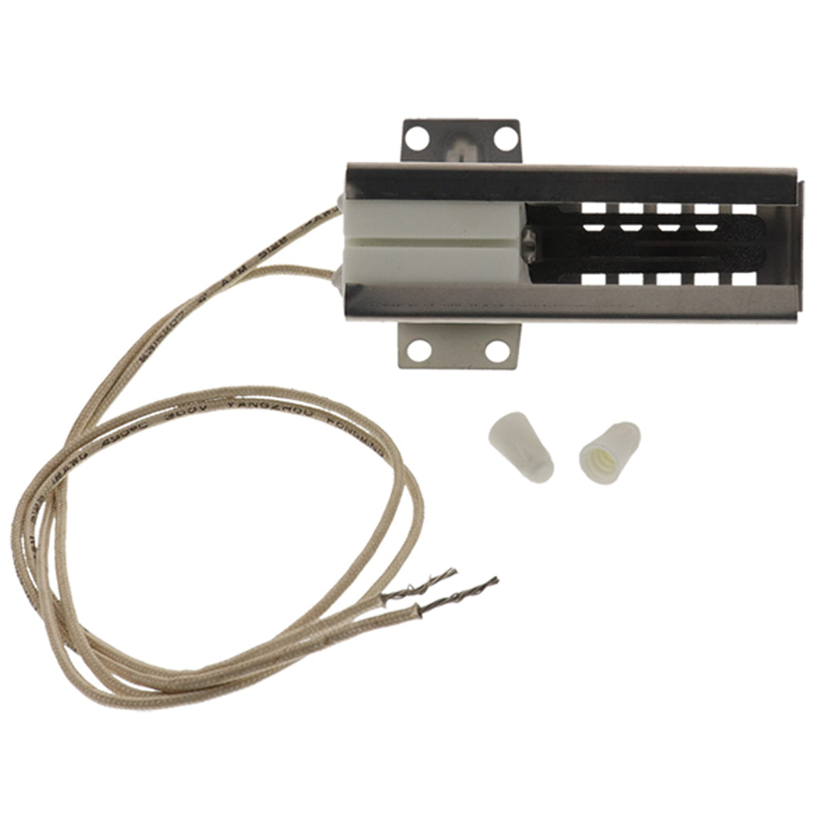 ERP IG9998 flat style gas oven igniter with 17 in lead wires and ceramic wire nuts, replaces GE WB2X9998