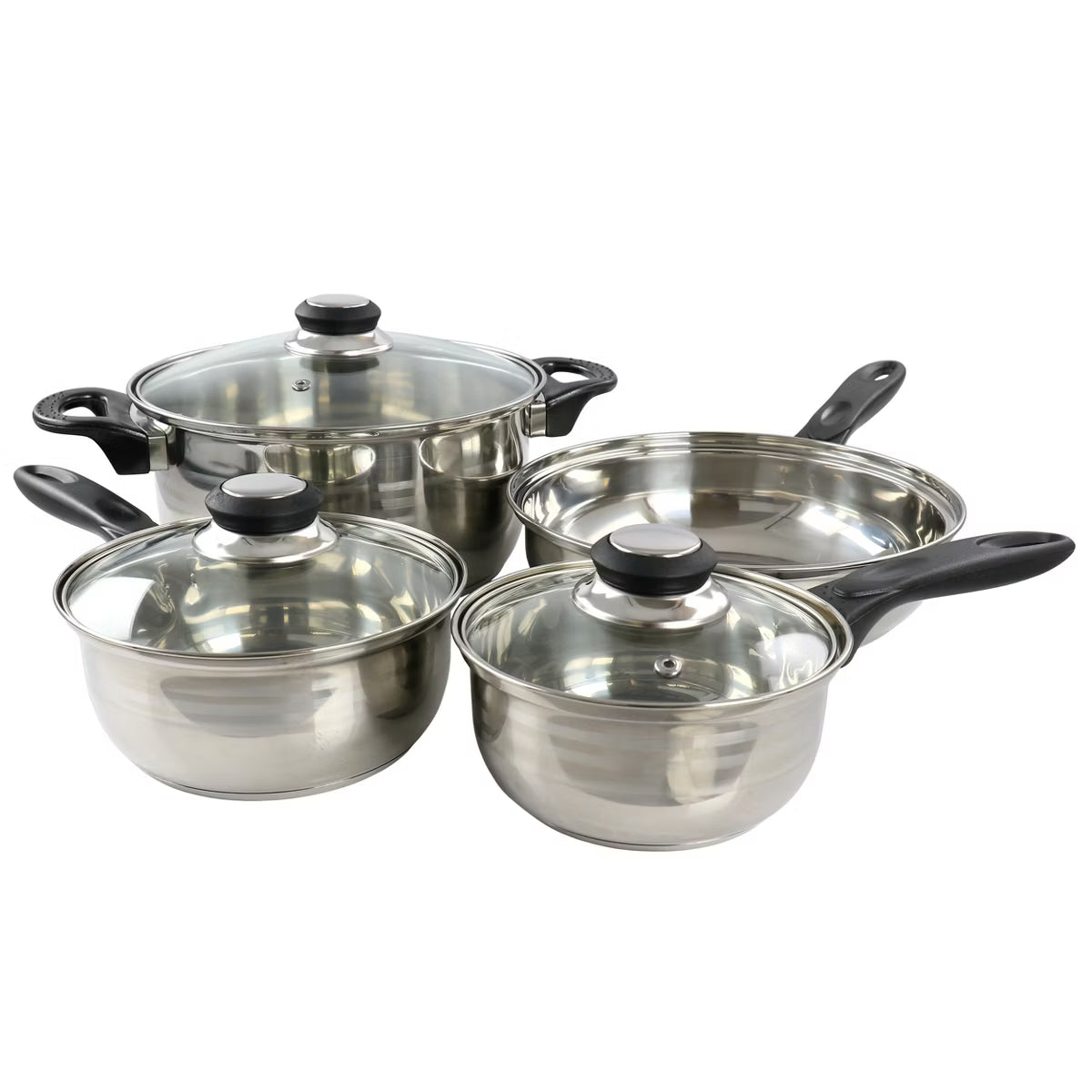 Gibson Home Lybra 7-piece two-tone polished stainless steel cookware set with Dutch oven, two saucepans, frying pan and vented glass lids
