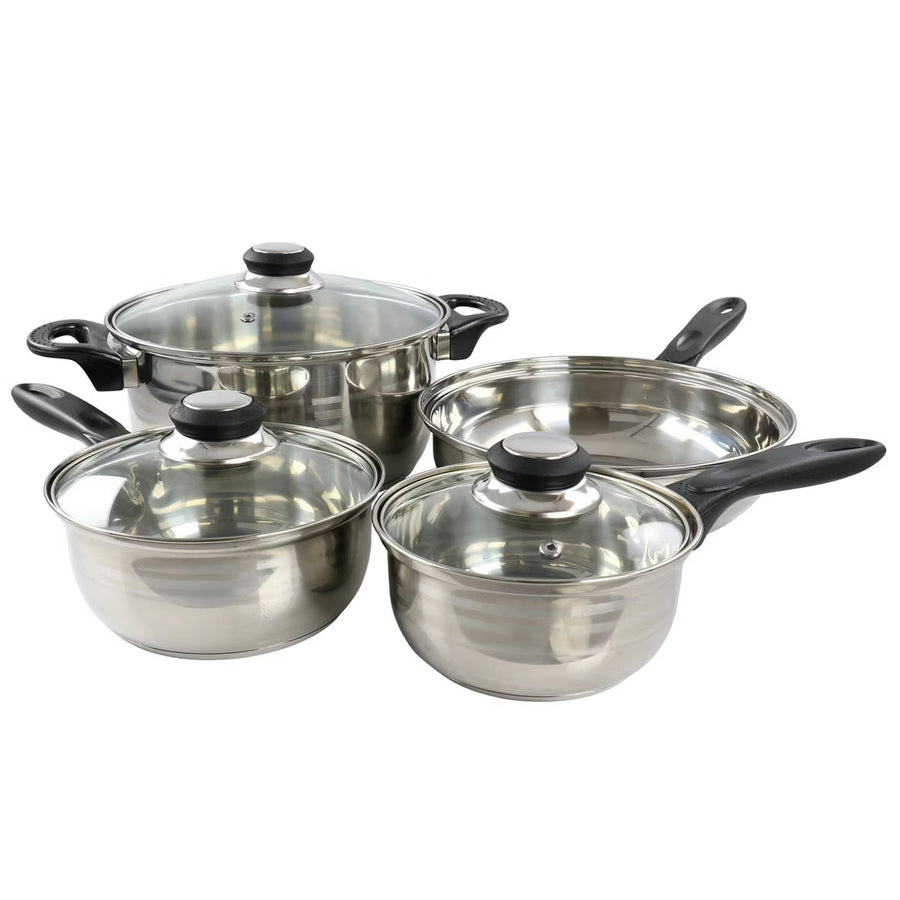 Gibson Home Lybra 7-piece two-tone polished stainless steel cookware set with Dutch oven, two saucepans, frying pan and vented glass lids