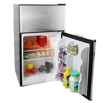 MegaChef 3.2 cu ft two-door mini fridge in stainless steel