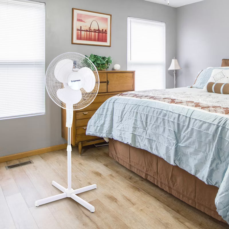 Impress 16-Inch Oscillating Stand Fan, 3 Speeds, Adjustable Height & Tilt, White