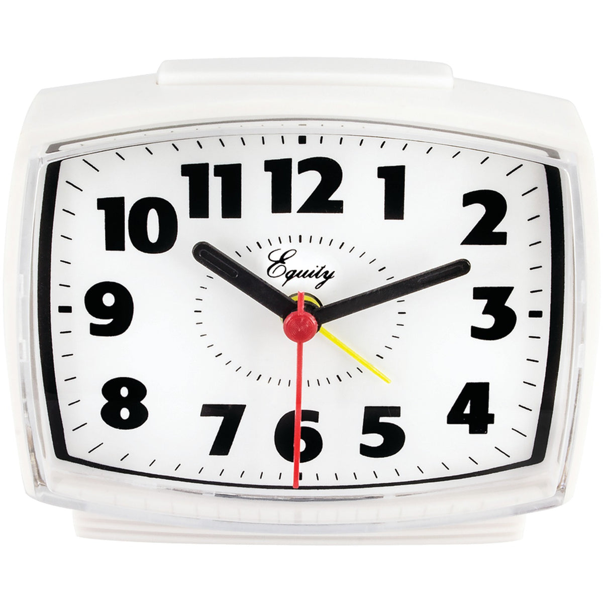 Equity by La Crosse 33100 white electric analog alarm clock with lighted blue dial, alarm hand and snooze button on top