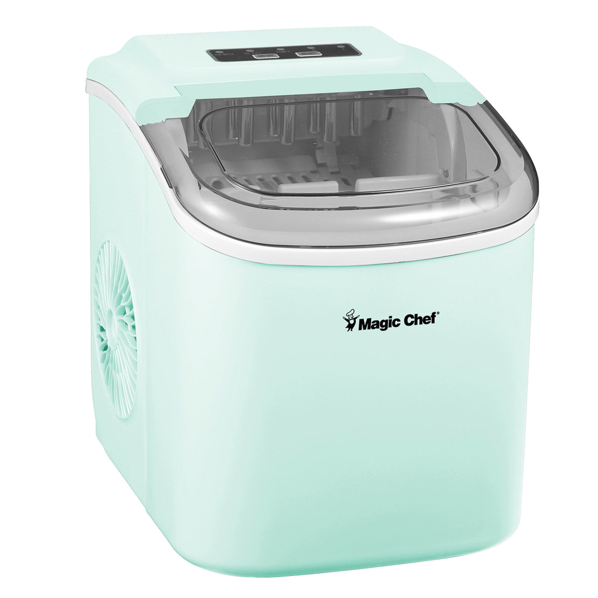 Magic Chef portable countertop ice maker in mint green with digital control panel and ice basket
