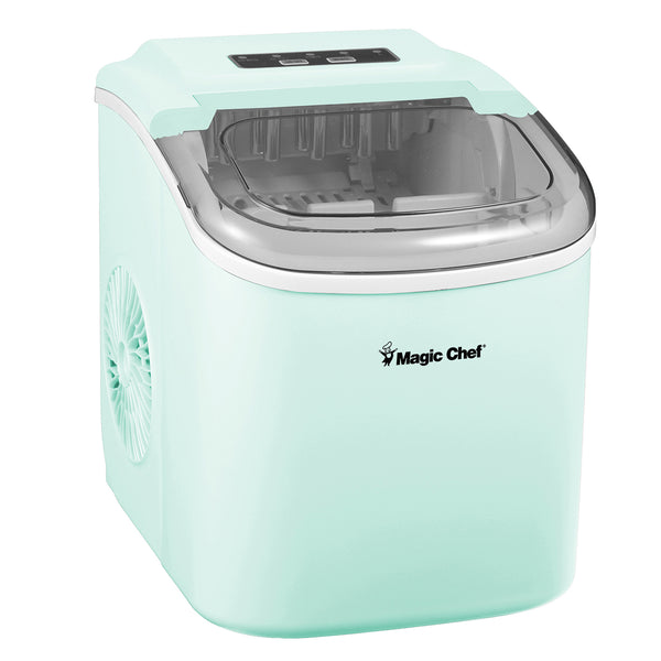Magic Chef portable countertop ice maker in mint green with digital control panel and ice basket