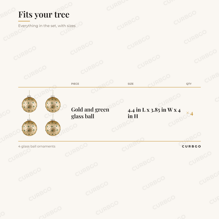 Gold Green Ball Ornaments piece sizes: Gold and green glass ball 4.4 in L x 3.85 in W x 4 in H (x4); 4 glass ball ornaments