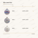 Iridescent Ball Ornaments piece sizes: Style 1 3 in W x 4 in H (x4); Style 2 3 in W x 4 in H (x4); Style 3 3 in W x 4 in H (x4); 12 glass ball ornaments