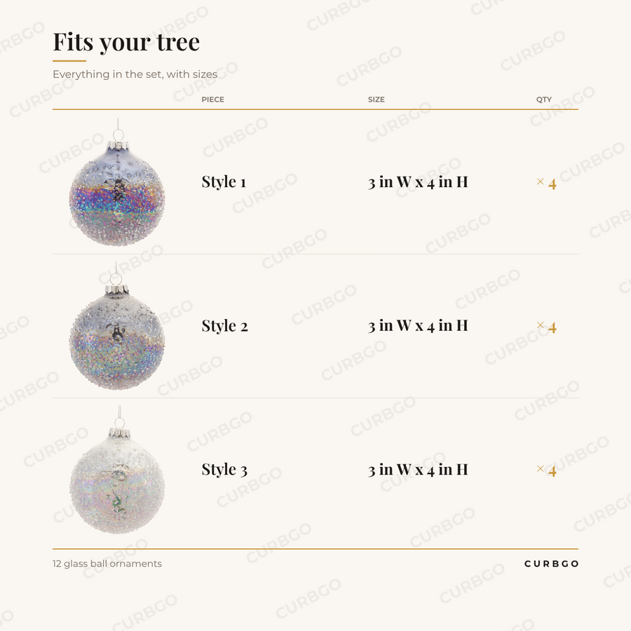 Iridescent Ball Ornaments piece sizes: Style 1 3 in W x 4 in H (x4); Style 2 3 in W x 4 in H (x4); Style 3 3 in W x 4 in H (x4); 12 glass ball ornaments