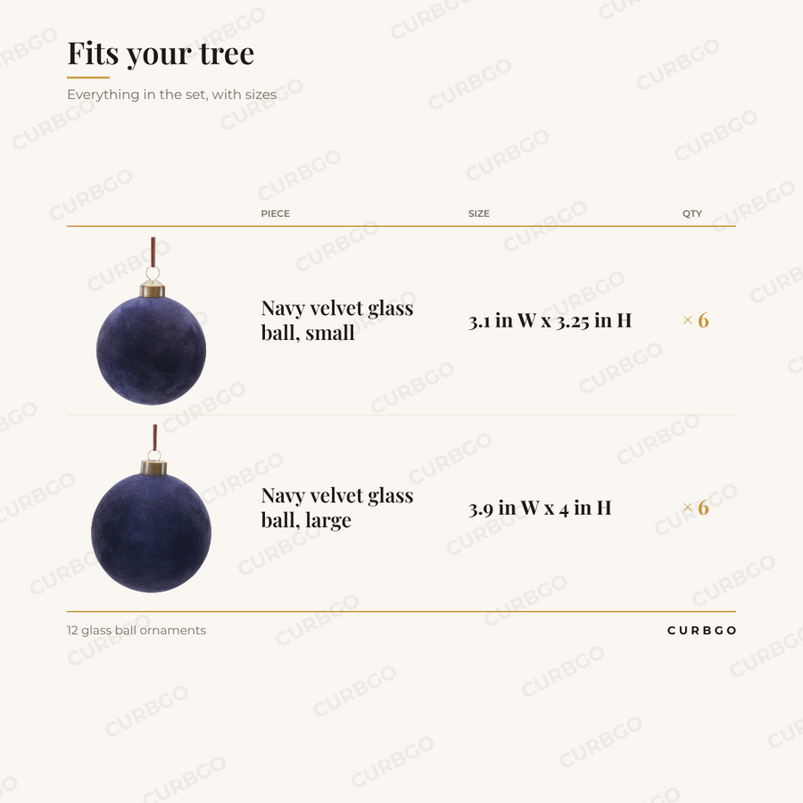 Navy Velvet Ball Ornaments piece sizes: Navy velvet glass ball, small 3.1 in W x 3.25 in H (x6); Navy velvet glass ball, large 3.9 in W x 4 in H (x6); 12 glass ball ornaments