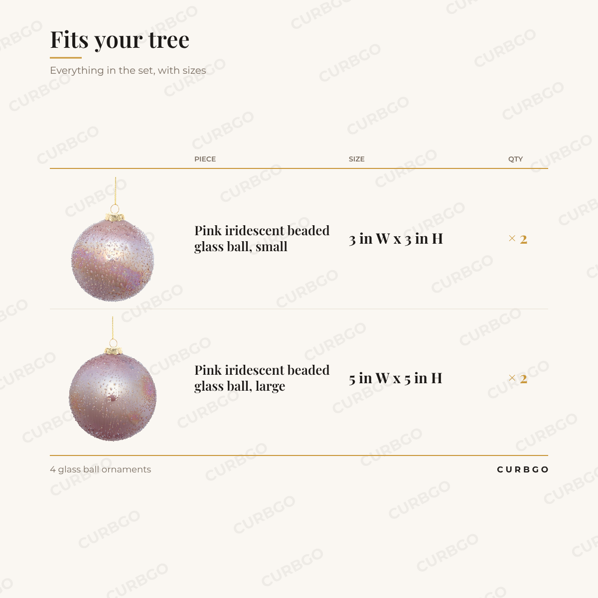 Pink Beaded Ornaments piece sizes: Pink iridescent beaded glass ball, small 3 in W x 3 in H (x2); Pink iridescent beaded glass ball, large 5 in W x 5 in H (x2); 4 glass ball ornaments