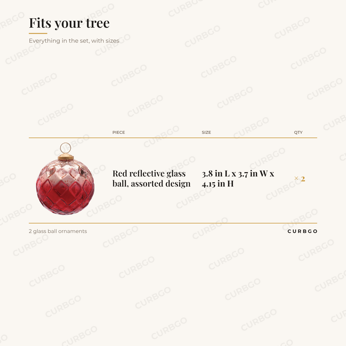 Red Reflective Ornament Pair piece sizes: Red reflective glass ball, assorted design 3.8 in L x 3.7 in W x 4.15 in H (x2); 2 glass ball ornaments