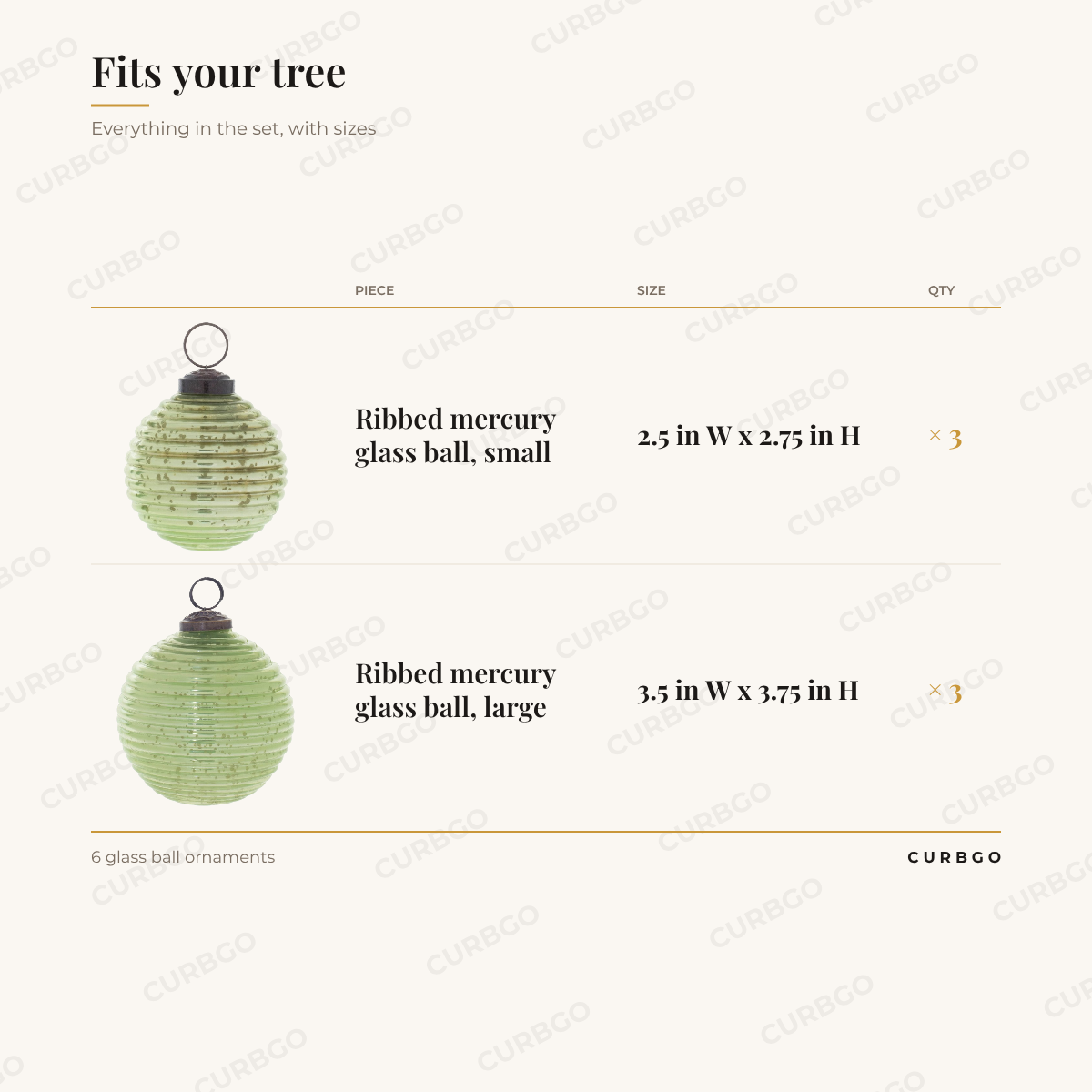Green ribbed mercury ornaments piece sizes: small 2.5 in W x 2.75 in H (x3); large 3.5 in W x 3.75 in H (x3); 6 glass ball ornaments