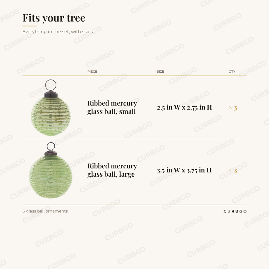 Green ribbed mercury ornaments piece sizes: small 2.5 in W x 2.75 in H (x3); large 3.5 in W x 3.75 in H (x3); 6 glass ball ornaments