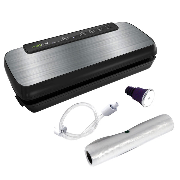NutriChef automatic stainless steel vacuum sealer machine with touch controls, reusable bags and bag roll