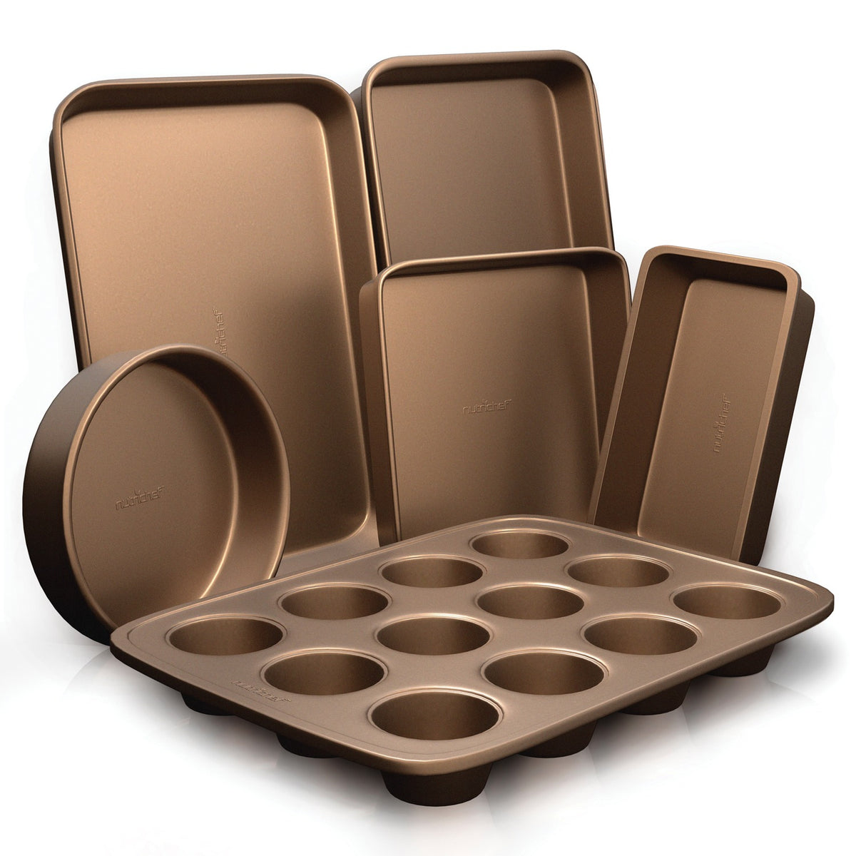NutriChef NCBK6TR7 gold metallic nonstick 6-piece bakeware set with six stackable carbon steel baking pans