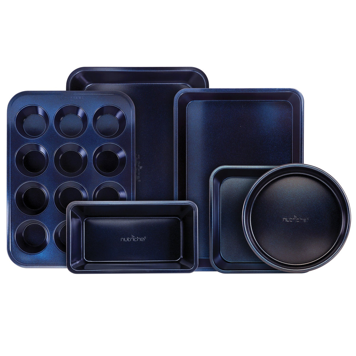 NutriChef NCBK6TRB blue metallic nonstick 6-piece bakeware set with six stackable carbon steel baking pans