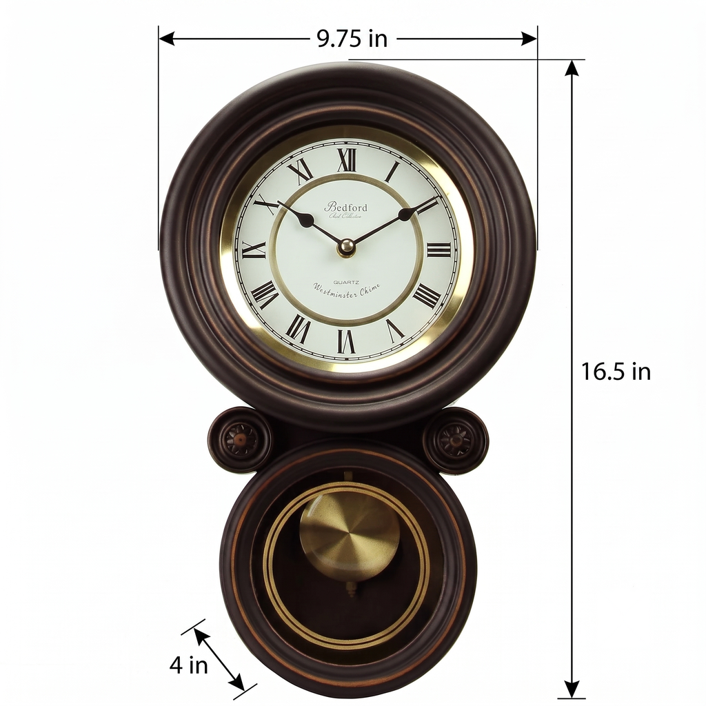 Bedford Clock Collection Contemporary Round Wall Clock with Pendulum – Black Oak & Gold Roman Numeral