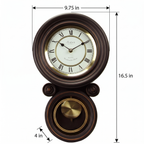 Bedford Clock Collection Contemporary Round Wall Clock with Pendulum – Black Oak & Gold Roman Numeral