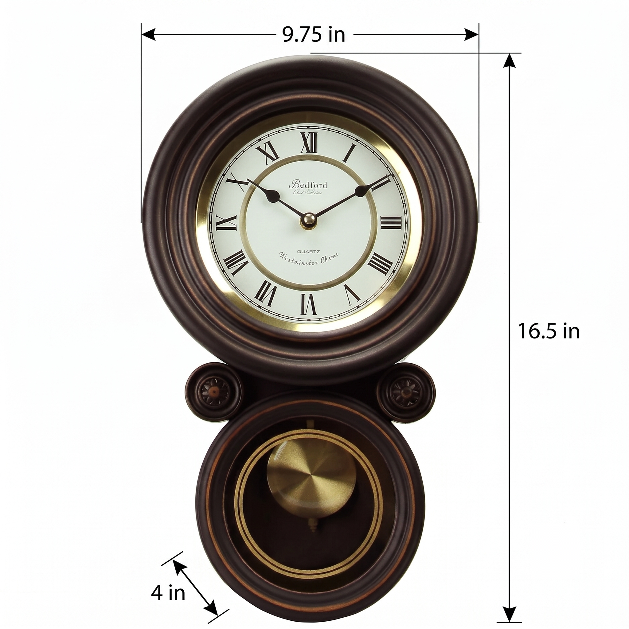 Bedford Clock Collection Contemporary Round Wall Clock with Pendulum – Black Oak & Gold Roman Numeral