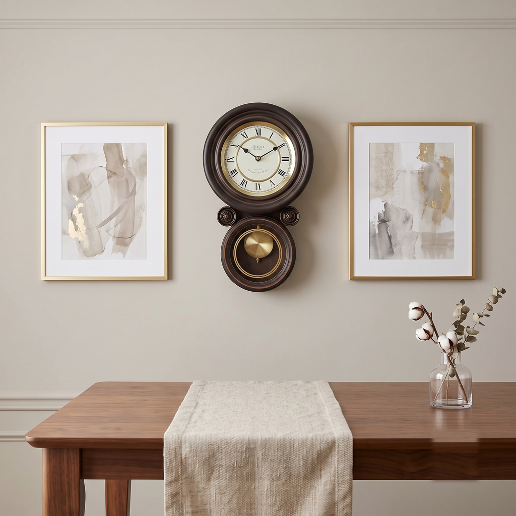 Bedford Clock Collection Contemporary Round Wall Clock with Pendulum – Black Oak & Gold Roman Numeral