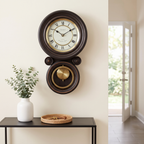 Bedford Clock Collection Contemporary Round Wall Clock with Pendulum – Black Oak & Gold Roman Numeral