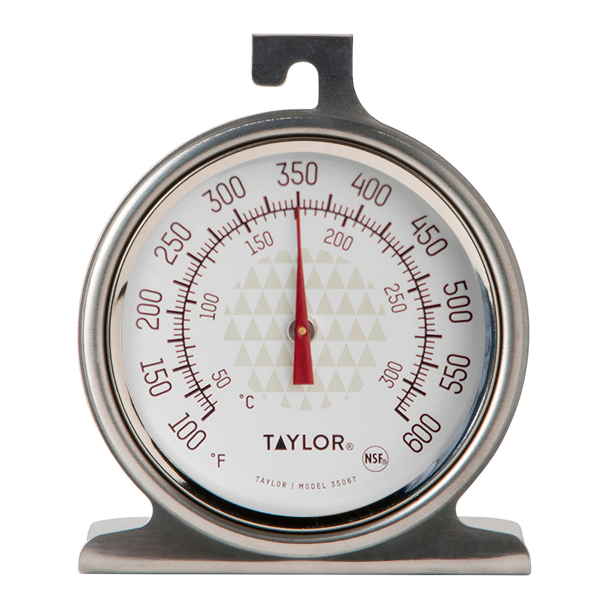 Taylor 3506 stainless steel oven dial thermometer with 2.5 inch dial reading 100 to 600 F, hanger and stand base