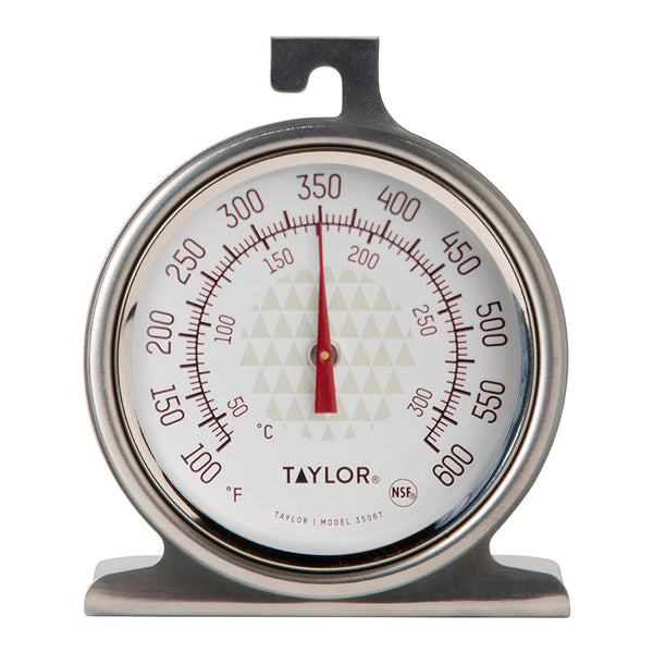 Taylor 3506 stainless steel oven dial thermometer with 2.5 inch dial reading 100 to 600 F, hanger and stand base