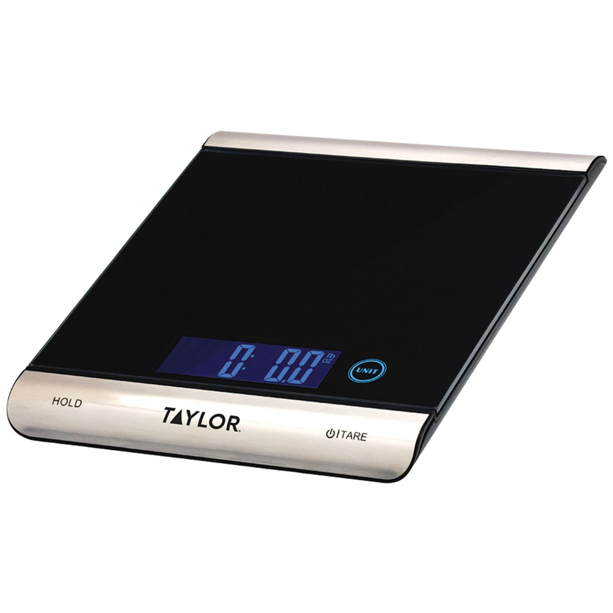 Taylor 3851 digital kitchen scale with tempered glass platform and blue backlit display for weighing up to 33 lb