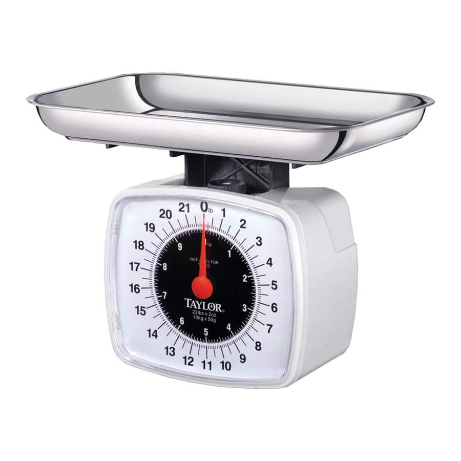 Taylor 3880 white analog kitchen food scale with slanted dial and stainless steel tray for weighing up to 22 lb